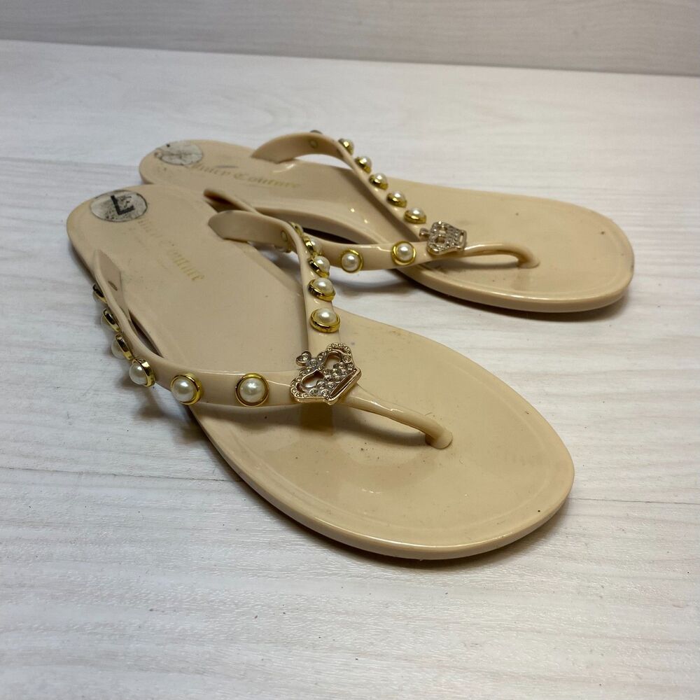 Juicy Couture Flip Flop Sandals Women's Size 7 Beige Pearl Trim Rhinestone Jelly
